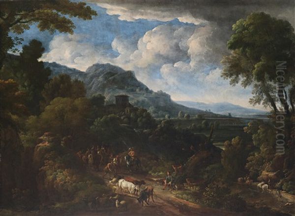 Romische Landschaft Mit Einer Viehherde Und Reisenden Oil Painting by Jan Frans van Bloemen