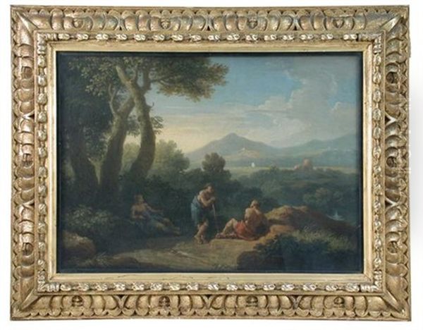 Travellers On A Bridge In An Italianate Landscape, A Castle Beyond; And Figures Conversing In A Southern Landscape (pair) Oil Painting by Jan Frans van Bloemen