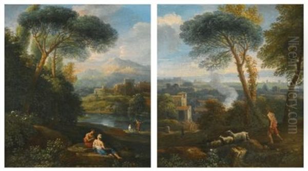 A Roman Landscape With A Shepherd And His Flock; A Roman River Landscape With Figures Resting (pair) Oil Painting by Jan Frans van Bloemen