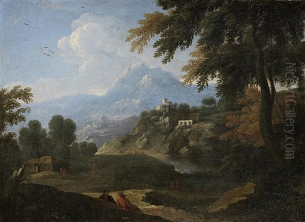 Figures Resting Before An Italianate Landscape, With A Village In The Distance And Mountains On The Horizon Oil Painting by Jan Frans van Bloemen