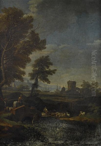 A Figure On A Country Path Before A Mountainous Landscape (+ Drovers Grazing Their Cattle, A Coastal Landscape Beyond; Pair) Oil Painting by Jan Frans van Bloemen