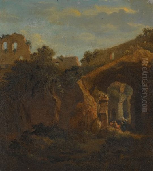 The Interior Of The Colosseum With Figures Resting Under An Archway Oil Painting by Jan Frans van Bloemen