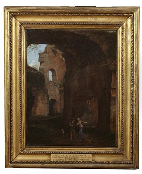 Figures And Dog By Ruins Oil Painting by Jan Frans van Bloemen