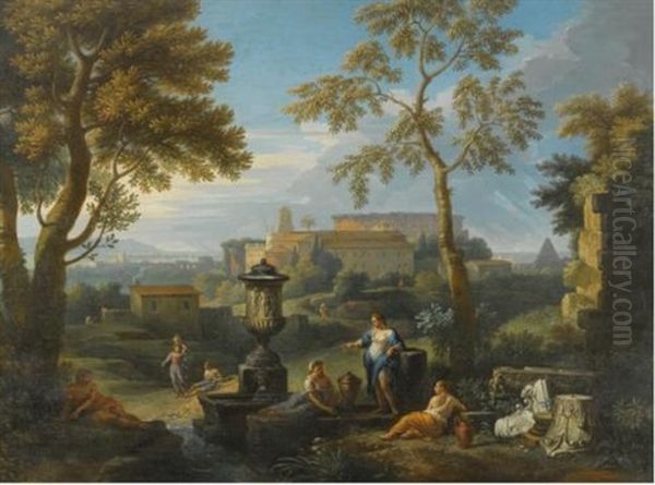 Classical Figures Seated By Ruins In An Italianate Landscape Oil Painting by Jan Frans van Bloemen