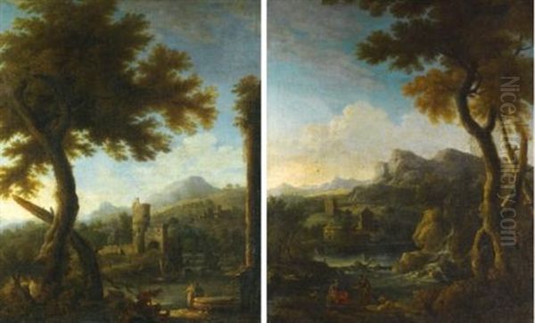 Italianate Landscapes With Figures (pair) Oil Painting by Jan Frans van Bloemen