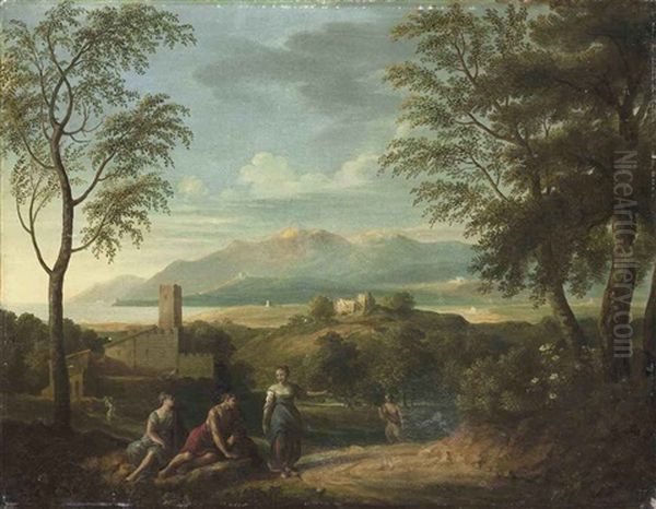 A Classical Coastal Landscape With Figures Resting In The Foreground, Mountains Beyond Oil Painting by Jan Frans van Bloemen