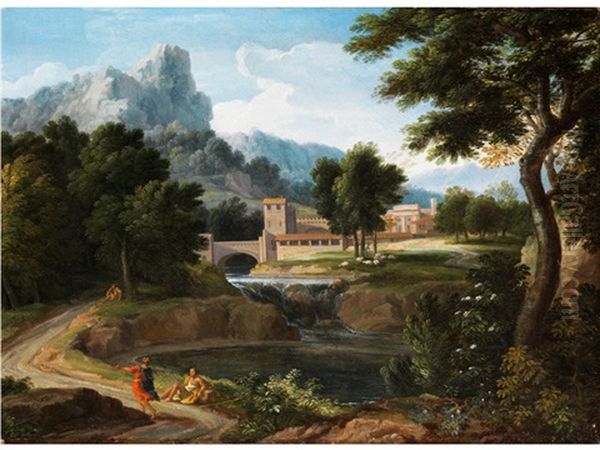 Sudliche Flusslandschaft Mit Bruckenkastell Oil Painting by Jan Frans van Bloemen