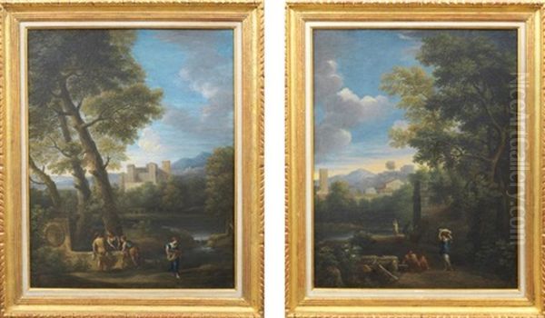 Paysages Classiques Animes De Personnages (2 Works) Oil Painting by Jan Frans van Bloemen