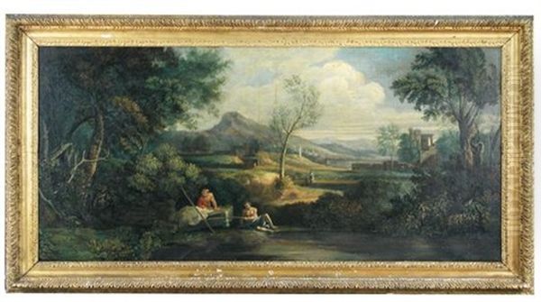 An Italianate Landscape With Travelers Resting By A Lake Oil Painting by Jan Frans van Bloemen