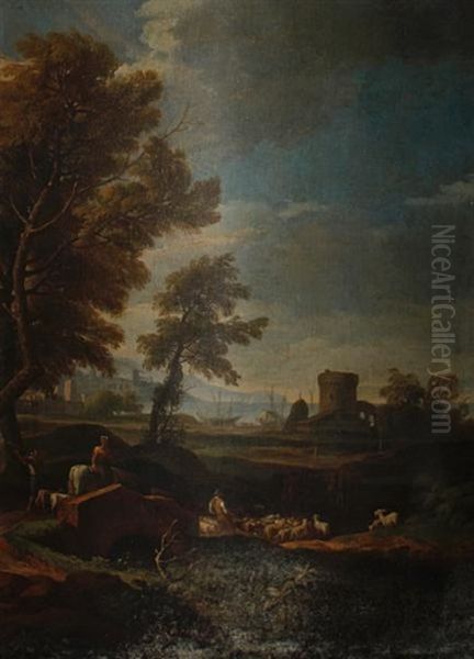 A Figure On A Country Path Before A Mountainous Landscape (+ Drovers Grazing Their Cattle, A Coastal Landscape Behind; Pair) Oil Painting by Jan Frans van Bloemen