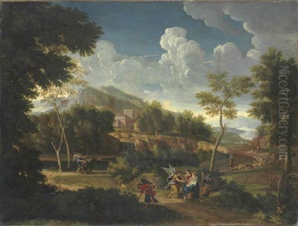 An Extensive Landscape With The Rest On The Flight Into Egypt Oil Painting by Jan Frans van Bloemen