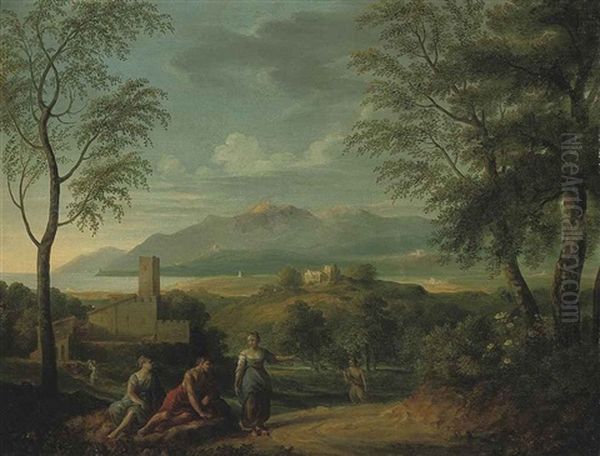 A Classical Coastal Landscape With Figures Resting In The Foreground And Mountains Beyond Oil Painting by Jan Frans van Bloemen