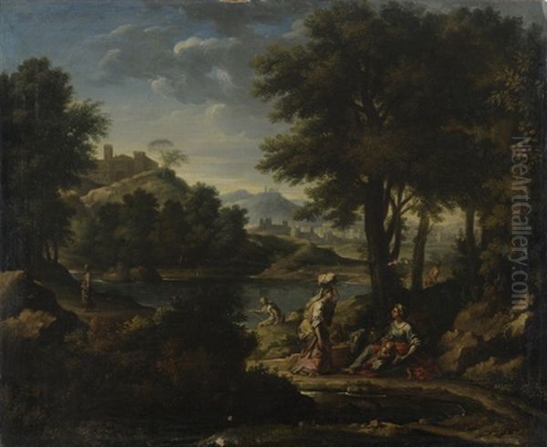 Paesaggio Laziale Con Giovane Astante E Due Lavandaie (+ Paesaggio Boschivo Con Lavandaie In Sosta Presso Un Corso D'acqua; 2 Works) Oil Painting by Jan Frans van Bloemen