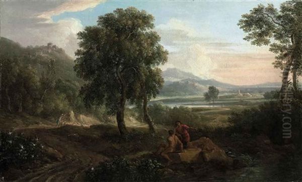 A Wooded River Landscape, With Figures And Sheep On A Track, A Fortified Town And Mountains Beyond by Jan Frans van Bloemen