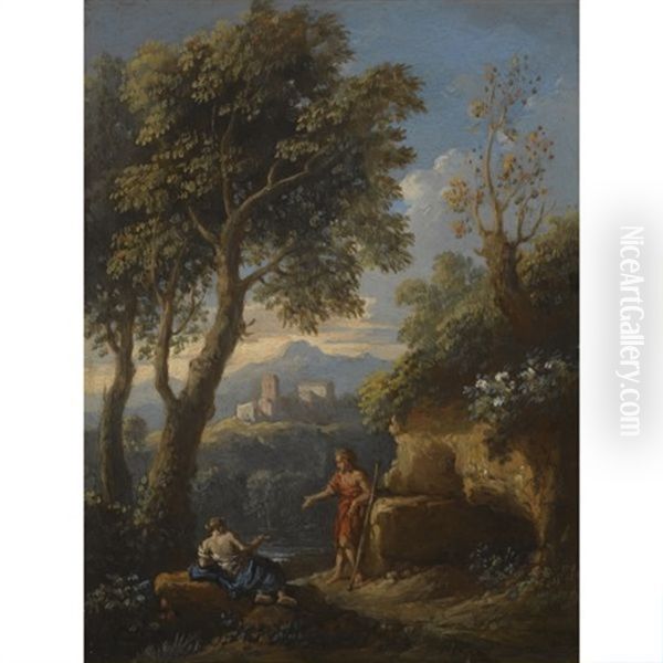 A View Of The Roman Campagna With Two Figures Conversing On A Path, A Settlement Beyond Oil Painting by Jan Frans van Bloemen