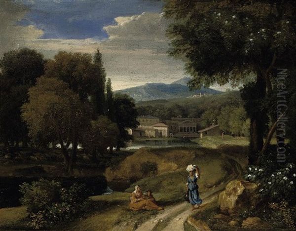 A Wooded River Landscape With Figures On A Track, Classical Buildings Beyond Oil Painting by Jan Frans van Bloemen