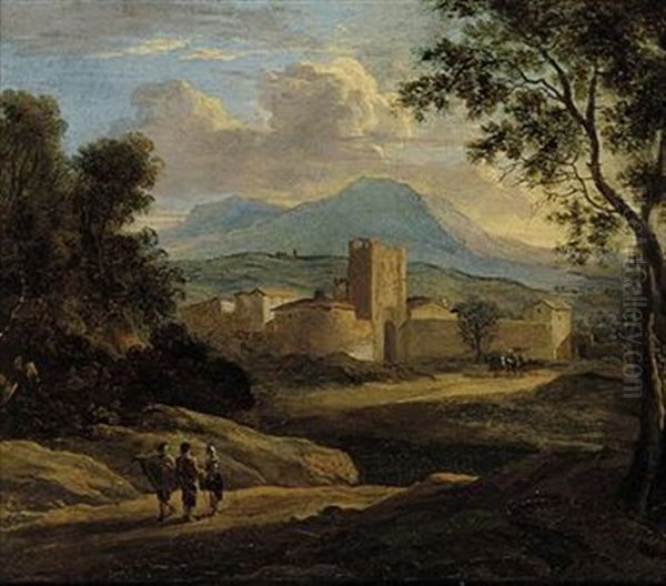 A Classical Italianate River Landscape With Figures Conversing On A Track, A Fortified Town Beyond Oil Painting by Jan Frans van Bloemen