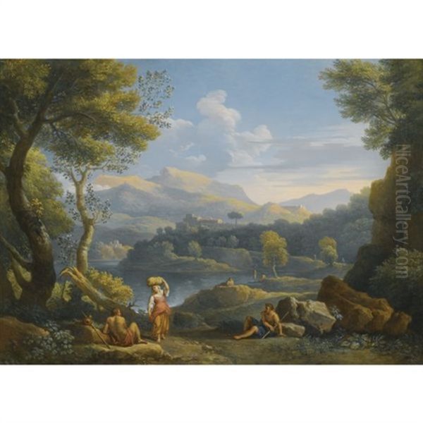 An Italianate River Landscape With Figures Resting In The Foreground And Hilltop Towns Beyond Oil Painting by Jan Frans van Bloemen