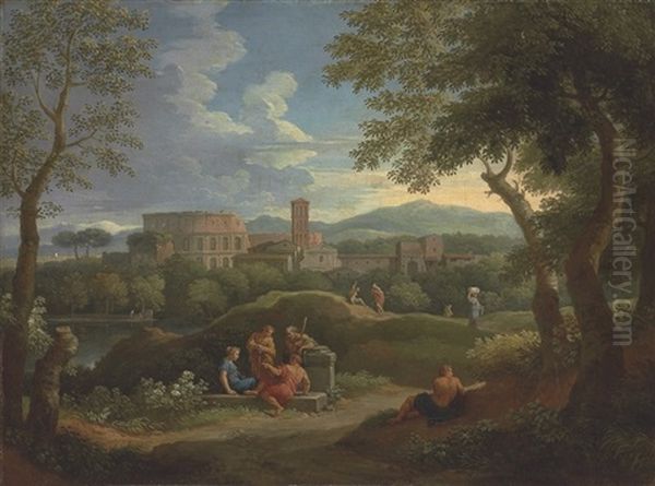 A Capriccio In The Roman Campagna With Classical Figures Oil Painting by Jan Frans van Bloemen