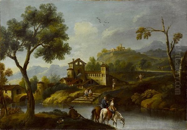 Sudliche Landschaft Mit Figurenstaffage Am Fluss Oil Painting by Jan Frans van Bloemen