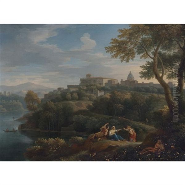 Figures With A Town In Lazio, Probably Ariccia, Beyond Oil Painting by Jan Frans van Bloemen