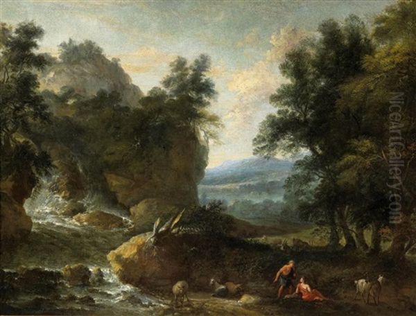 Bukolische Landschaft Mit Hirten An Einem Wasserfall Oil Painting by Jan Frans van Bloemen