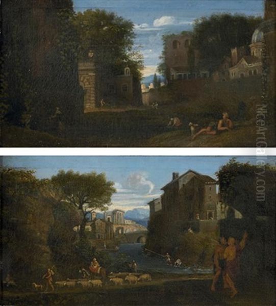 Scene Pastorale Aux Abords D'une Ville (+ Lavandieres A Une Fontaine A L'entree D'une Ville; Pair) Oil Painting by Jan Frans van Bloemen