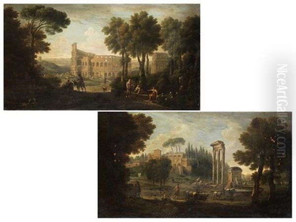 Blick Auf Das Kolosseumm In Rom (+ Blick Auf Das Forum In Rom Mit Den Saulen Des Jupitertempels Und Brunnen; Pair) Oil Painting by Jan Frans van Bloemen