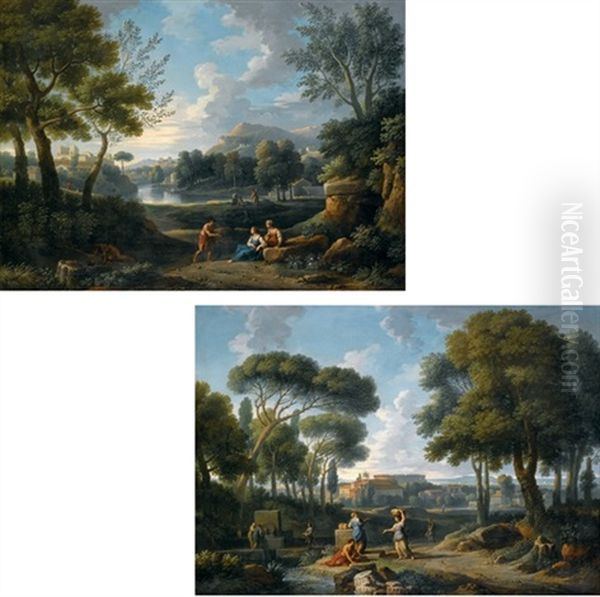 Paesaggio Arcadico Con Lago E Il Cortile Di Belvedere (+ Paesaggio Arcadico Con Frammenti Classici E Il Colosseo; 2 Works) by Jan Frans van Bloemen