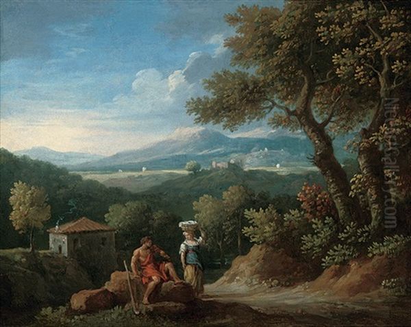 A Wooded Landscape With A Shepherd And A Washerwoman Conversing Oil Painting by Jan Frans van Bloemen