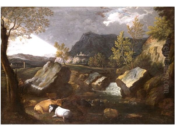 Landschaft Mit Wasserfall, Tieren Und Burgberg In Gewitterstimmung Oil Painting by Jan Frans van Bloemen