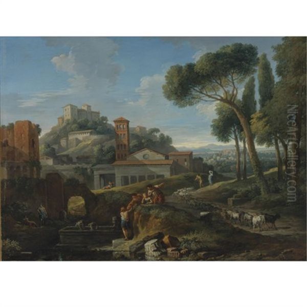 Landscape With The Arch Of Janus And San Giorgio Al Velabro Oil Painting by Jan Frans van Bloemen