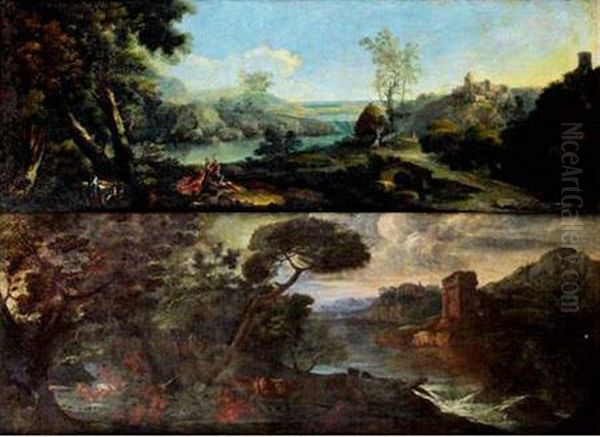 Repos Des Bergers Dans Un Paysage De Riviere (+ Paysage De Cascade Domine Par Des Ruines Antiques, Various Sizes; 2 Works) by Jan Frans van Bloemen