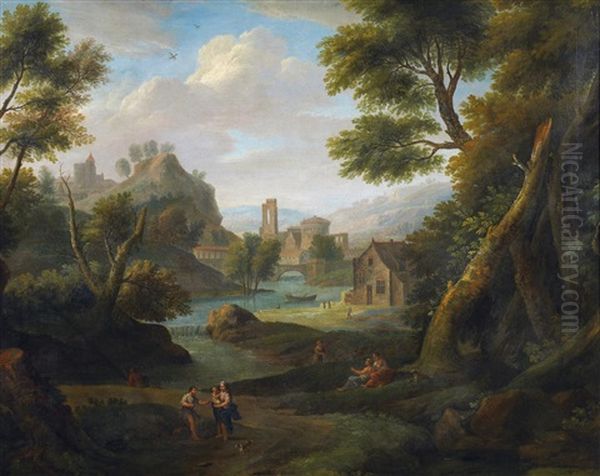 Ideale Sudliche Flusslandschaft Mit Personenstaffage Oil Painting by Jan Frans van Bloemen