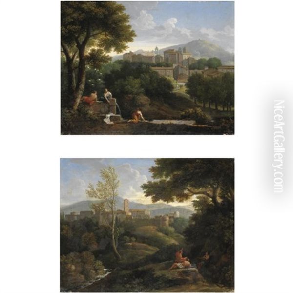 Veduta Di Un Paese Nel Lazio E Tre Figure Presso Un Fontanileveduta Dell'abbazia Di Grottaferrata (pair) Oil Painting by Jan Frans van Bloemen