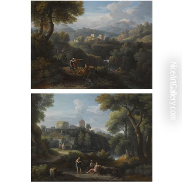 An Italianate Wooded River Landscape With Figures Resting And Conversing In The Foreground Near A Waterfall, A View Of A Hilltop Village Beyond (+an Italianate Wooded River Landscape With Figures Conv Oil Painting by Jan Frans van Bloemen