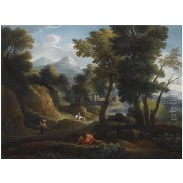 An Italianate Wooded Mountainous Landscape With A Figure Resting In The Foreground, Other Figures On A Path Near A River, A View Of A Ruined Castle Beyond by Jan Frans van Bloemen