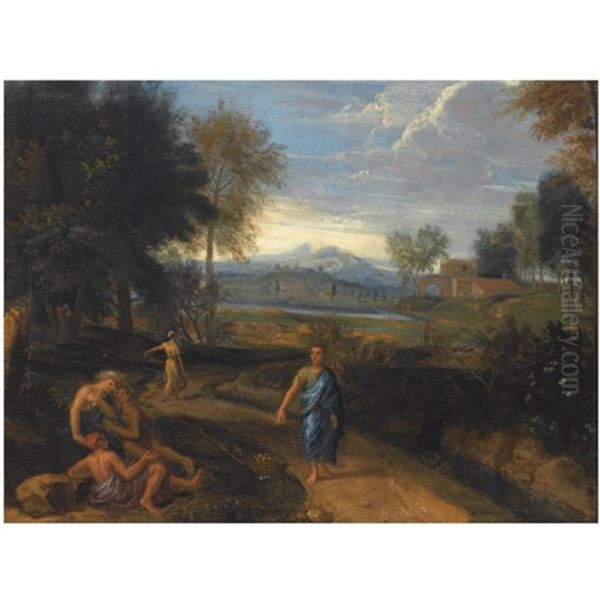 An Arcadian Landscape With Classical Figures Resting In The Foreground, Other Figures On A Path, A View Of A Village Beyond Oil Painting by Jan Frans van Bloemen