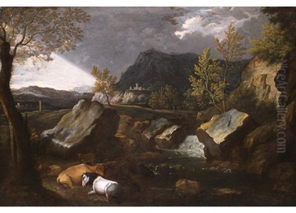 Landschaft Mit Wasserfall, Tieren Und Burgberg In Gewitterstimmung Oil Painting by Jan Frans van Bloemen