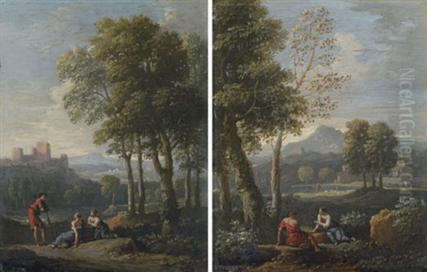 A Mountainous Landscape With A Man And A Woman Seated Beneath A Tree (+ Figures Resting By A Stream; Pair) Oil Painting by Jan Frans van Bloemen