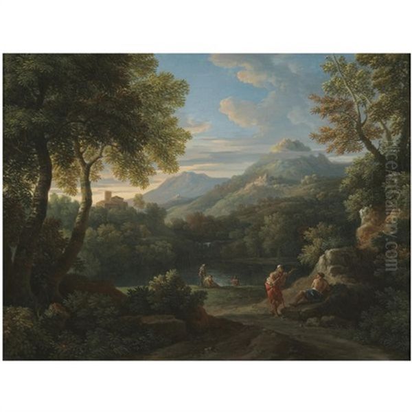 An Italianate Landscape With Figures Conversing Before A Lake, Mountains Beyond Oil Painting by Jan Frans van Bloemen