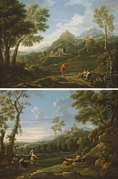 Trois Personnages Dans Un Paysage Classique Montagneux Domine Par Un Village Fortifie Sur Une Colline (+ Paysage Classique Montagneux Avec Des Paysans Au Repos; Pair) Oil Painting by Jan Frans van Bloemen