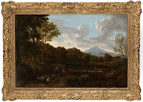 Italiserande Landskap Med Figurer Och Borg Oil Painting by Jan Frans van Bloemen