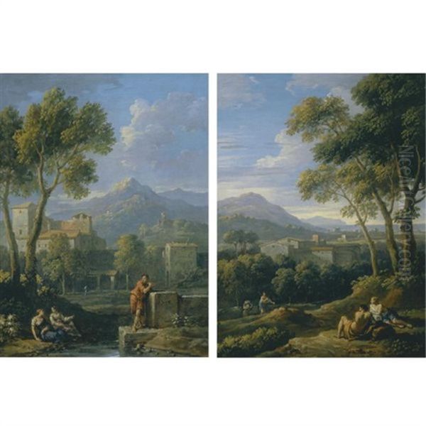 An Italianate Landscape With Two Women Reclining By A Stream And A Man Leaning Against A Block Of Stone Before A Hilltop Town (+ An Italianate Landscape With Reclining Classical Figures Before A Hillt Oil Painting by Jan Frans van Bloemen