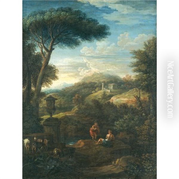 An Italianate Landscape With Shepherds Resting With Their Flock By A Stream Oil Painting by Jan Frans van Bloemen