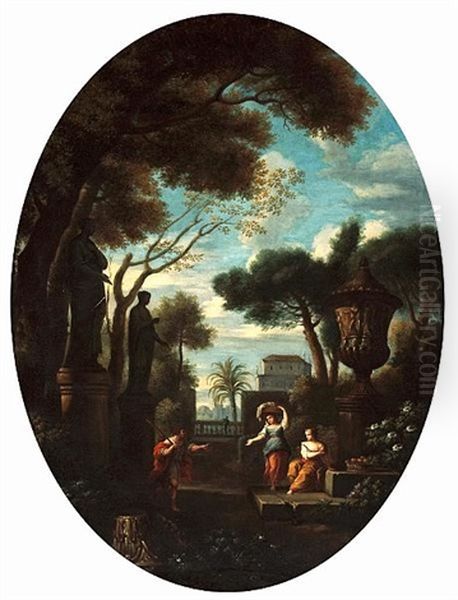 Figures In A Garden In A Classical Landscape (+ Another; Pair) Oil Painting by Jan Frans van Bloemen