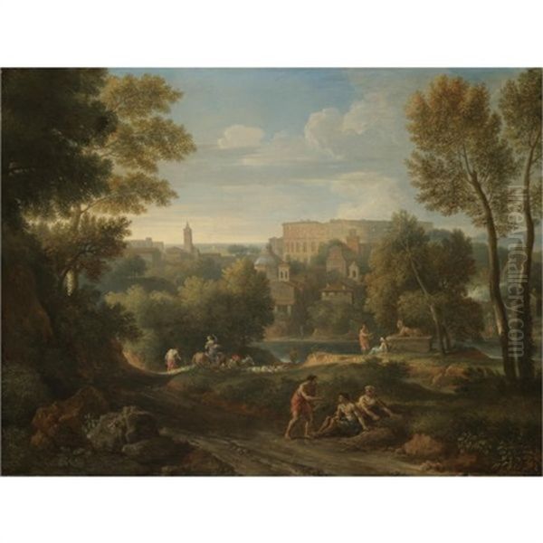 A View Of The Roman Campagna With The Colosseum Beyond Oil Painting by Jan Frans van Bloemen