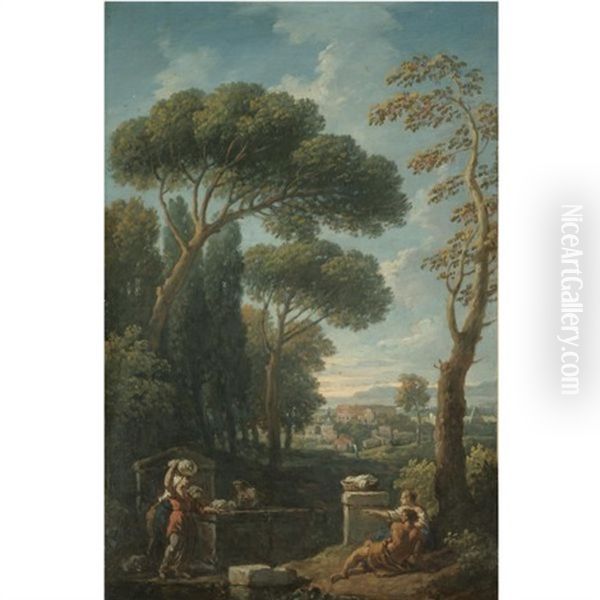 A Capriccio View Of Rome With Figures Resting In The Foreground, The Colosseum Beyond Oil Painting by Jan Frans van Bloemen