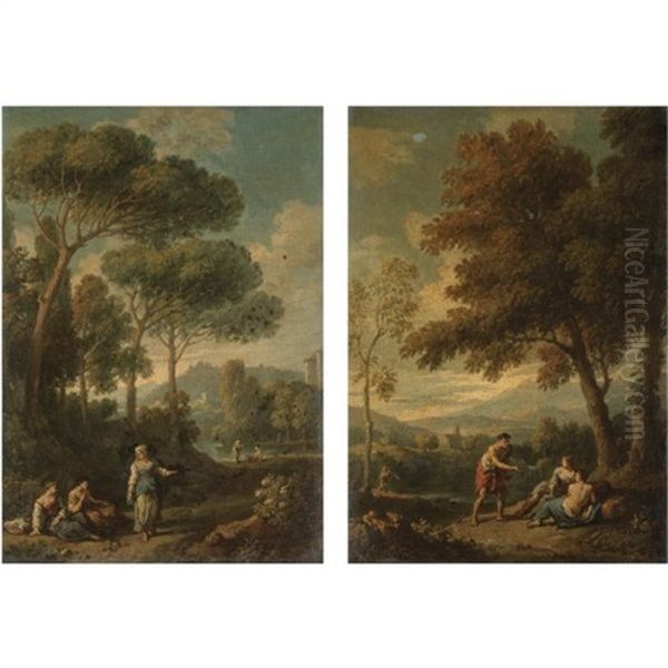 Views Of The Roman Campagna With Figures Conversing (pair) Oil Painting by Jan Frans van Bloemen