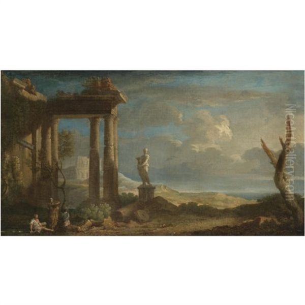 An Extensive Landscape With Figures Seated Beneath A Ruined Classical Temple, A Capriccio View Of The Colosseum And The Ocean Beyond Oil Painting by Jan Frans van Bloemen